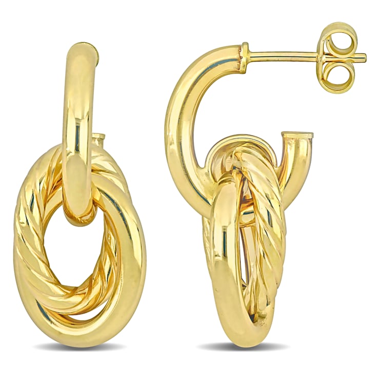 Open Huggie Hoop with Open Oval Drop Earrings in 10k Yellow Gold
