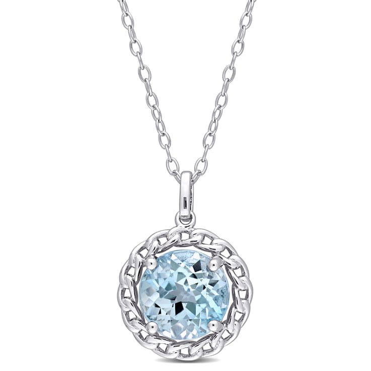 3 1/2 CT TGW Sky Blue Topaz Halo Pendant with Chain in Sterling Silver