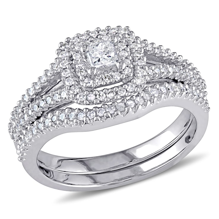 1 2 CT TW Princess Cut Diamond Double Halo Split Shank Bridal Set in Sterling Silver 15J25A
