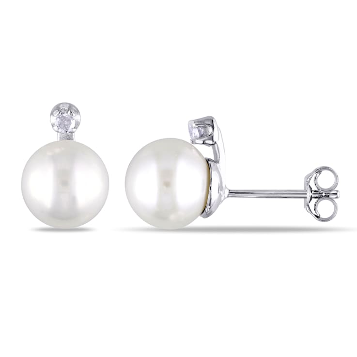 8-8.5MM White Cultured Freshwater Pearl and Diamond Stud Earrings in
Sterling Silver