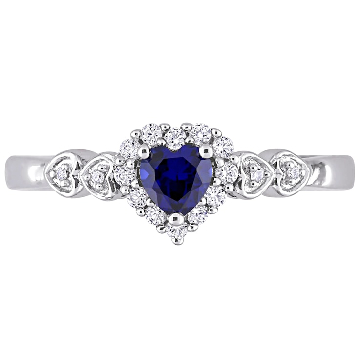 3/8 CT TGW Created Blue and White Sapphire, Diamond Accent Halo Ring in
Sterling Silver