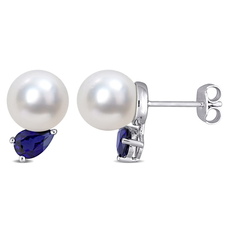 8-9MM South Sea Cultured Pearl and 1 1/3 CT TGW Created Blue Sapphire
Earrings in Sterling Silver