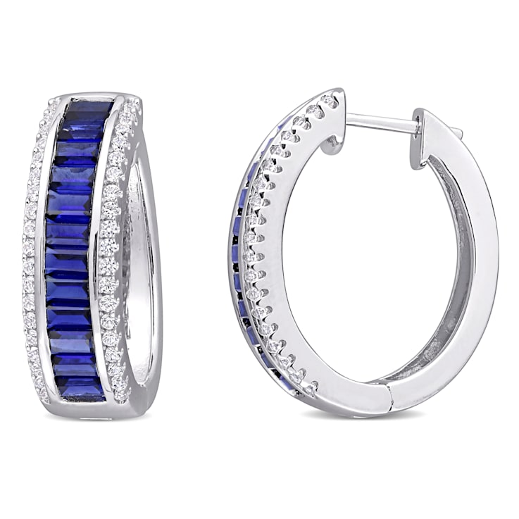 5 1/8 CT TGW Baguette Created Blue Sapphire Created White Sapphire Hoop
Earrings in Sterling Silver