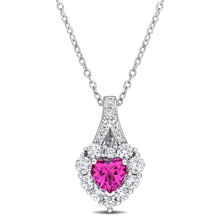 2 7/8 CT TGW Created Pink and White Sapphire Halo Heart Pendant With
Chain in Sterling Silver