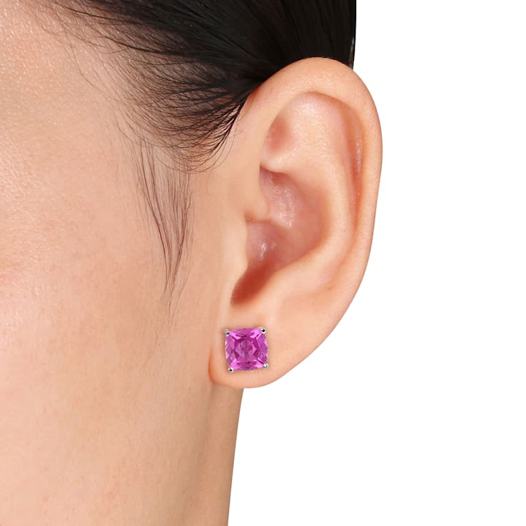 18  CT TGW Created Ruby, Created Blue and Pink Sapphire 3-Piece Set Stud
Earrings in Sterling Silver