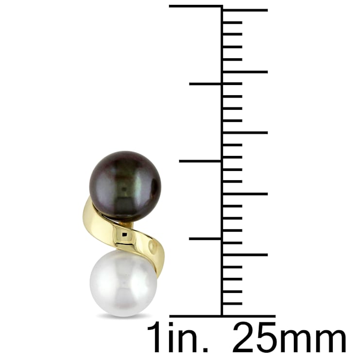 5.5-6MM Black and White Freshwater Cultured Pearl Earrings in 10K Yellow Gold