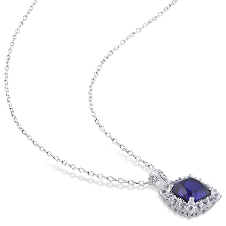 3 3/5 CT TGW Created Blue, White Sapphire with Diamond Accent Pendant
with Chain in Sterling Silver
