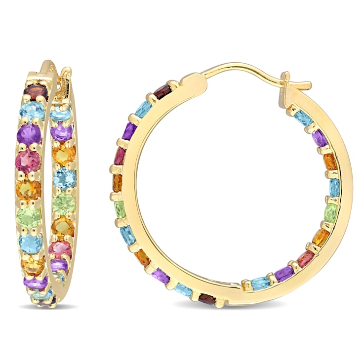 2 3/4 CT TGW Multi-Gemstones Hoop Earrings in Yellow Plated Sterling Silver