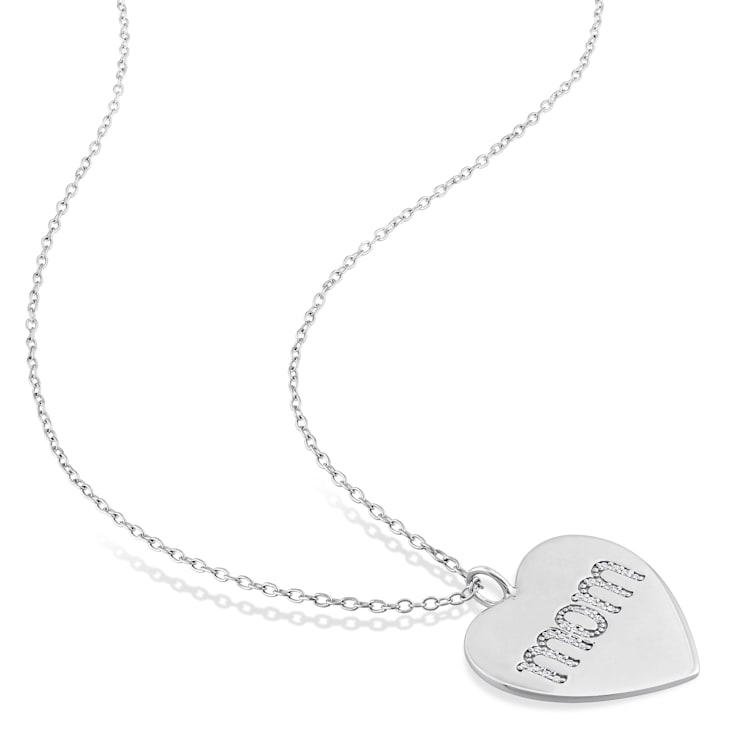 1/10 CT TDW Diamond 'Mom' Engraved Heart Pendant with Chain in Sterling Silver
