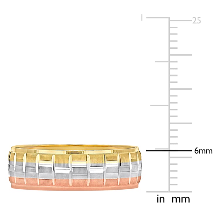 Ladies 6mm Matte Three Row Wedding Band in 10K 3-Tone Gold