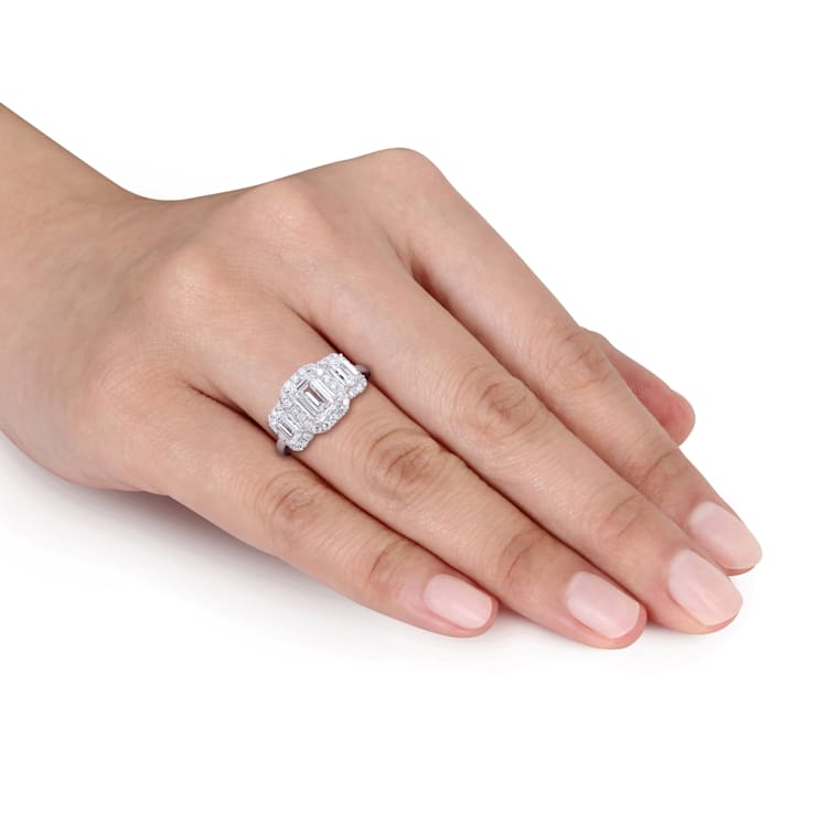 3 CT TW Lab-Grown Diamond Halo 3-Stone Ring in 14K White Gold