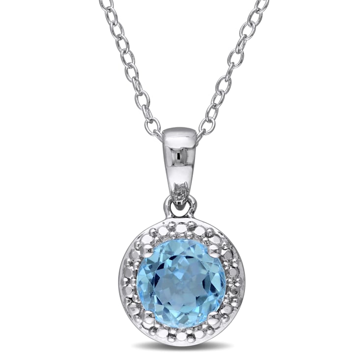 1 3/5 CT TGW Sky Blue Topaz Halo Pendant with Chain in Sterling Silver