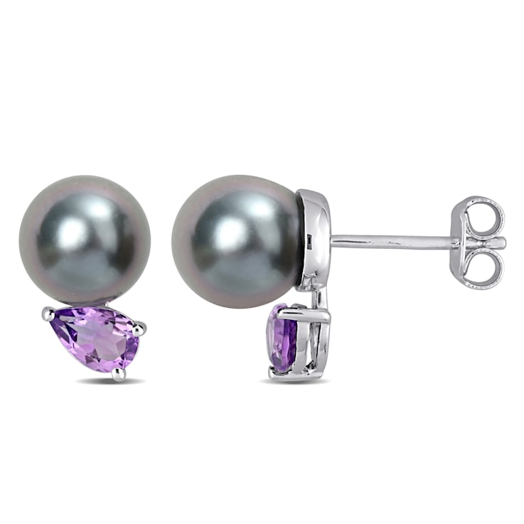 8-9MM Black Tahitian Cultured Pearl and 3/4 CT TGW African Amethyst Stud
Earrings in Sterling Silver