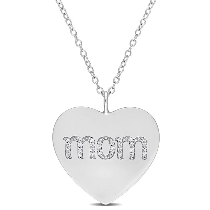 1/10 CT TDW Diamond 'Mom' Engraved Heart Pendant with Chain in Sterling Silver