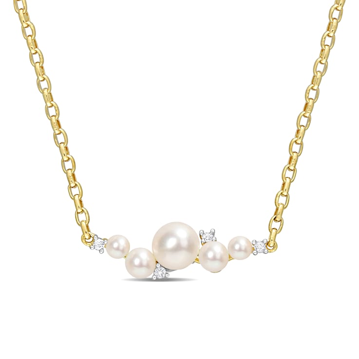 3-6.5 MM Freshwater Cultured Pearl with White Topaz Necklace in 18K
Yellow Gold Over Sterling Silver