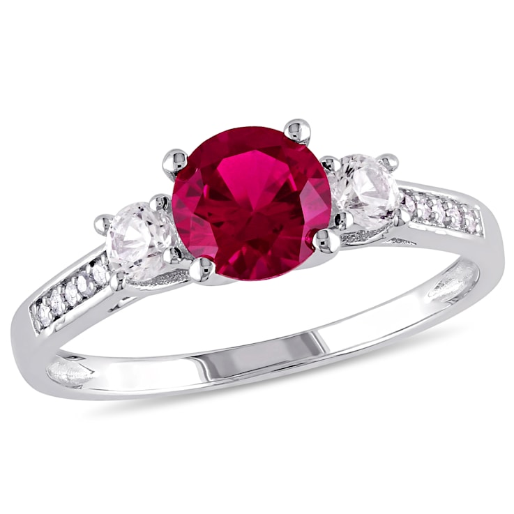 1 1/3 CT TGW Created Ruby, White Sapphire & Diamond Accent 3-Stone
Engagement Ring in 10K White Gold