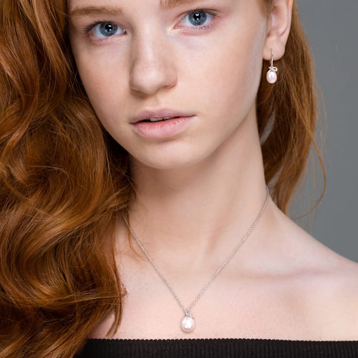 7.5-9MM Freshwater Cultured Pearl and Diamond Accent Earrings and
Pendant Set in Sterling Silver