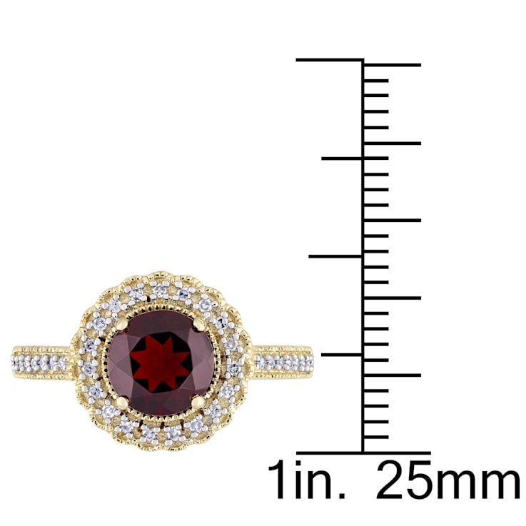 1 5/8 CTW Garnet and 1/8 CT TW Diamond Halo Ring in Yellow Plated
Sterling Silver