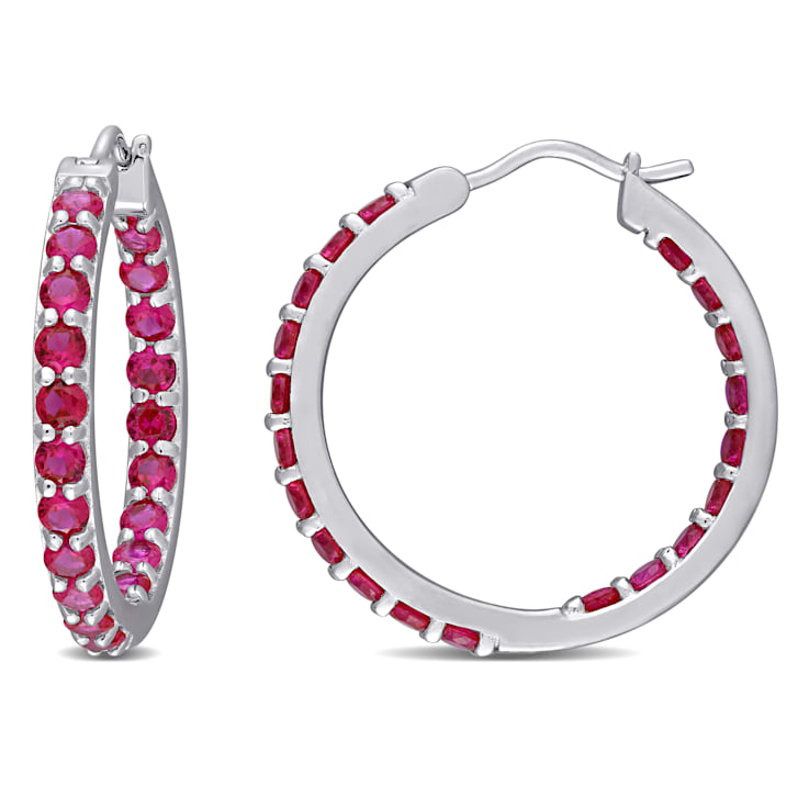3 CT TGW Created Ruby Inside Outside Hoop Earrings in Sterling Silver