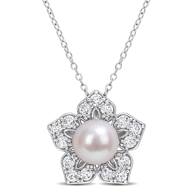8-9MM Freshwater Cultured Pearl and 1 1/3 CT TGW Created Sapphire
Pendant in Sterling Silver