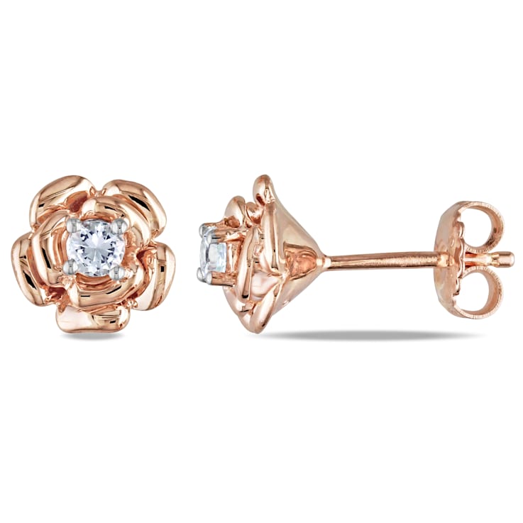 Created White Sapphire Flower Stud Earrings in Rose Plated Sterling Silver