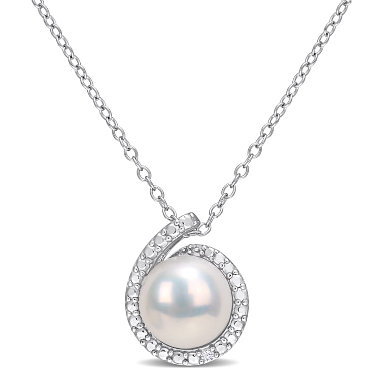 8-8.5MM Freshwater Cultured Pearl and Diamond Accent Pendant with Chain
in Sterling Silver