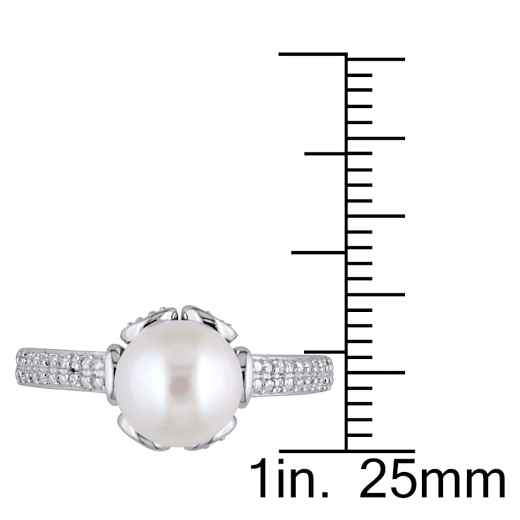 8-8.5MM Freshwater Cultured Pearl Ring with Diamonds in