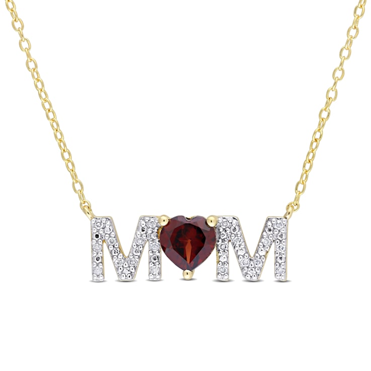 4/5 CT TGW Garnet and 1/10 CT TW Diamond "MOM" Pendant with
Chain in Yellow Plated Sterling Silver
