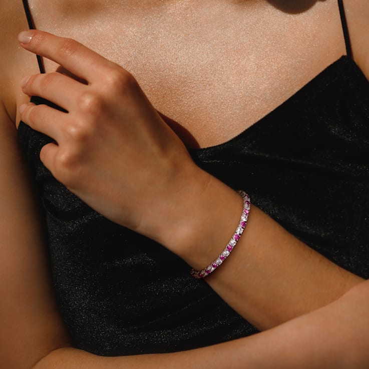 14 1/4 CT TGW Created Pink and White Sapphire Bracelet in Sterling Silver