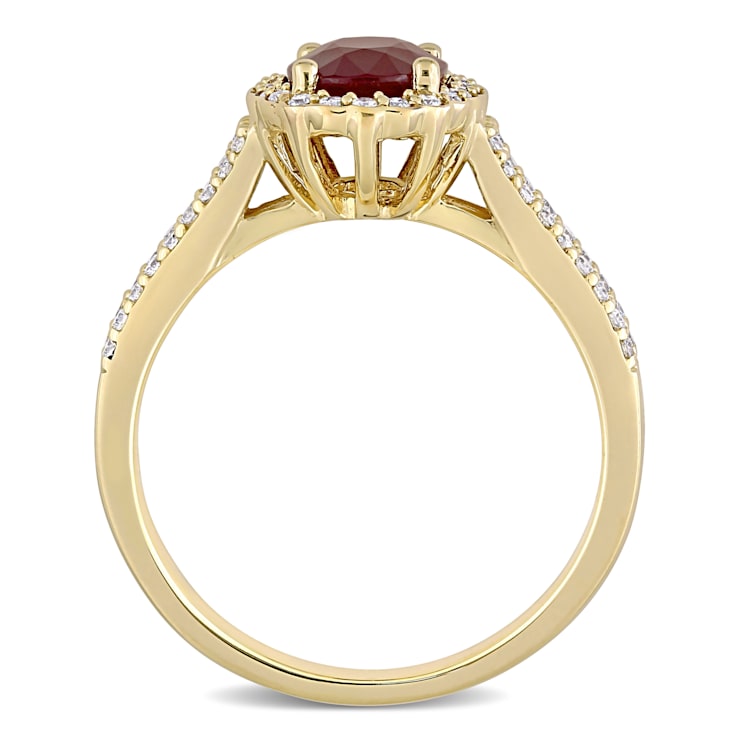 1 3/8 CT TGW Ruby and 1/3 CT TW Diamond Floral Halo Double Row Ring in
14K Yellow Gold