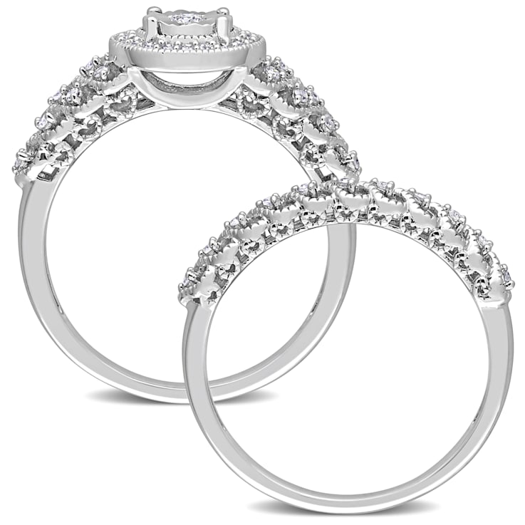 1/3 CT TW Diamond Halo Bridal Ring Set in Sterling Silver