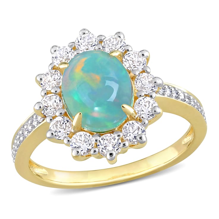 2 1/6 CT TGW Blue Ethiopian Opal, White Topaz and Diamond Ring in Yellow
Plated Sterling Silver