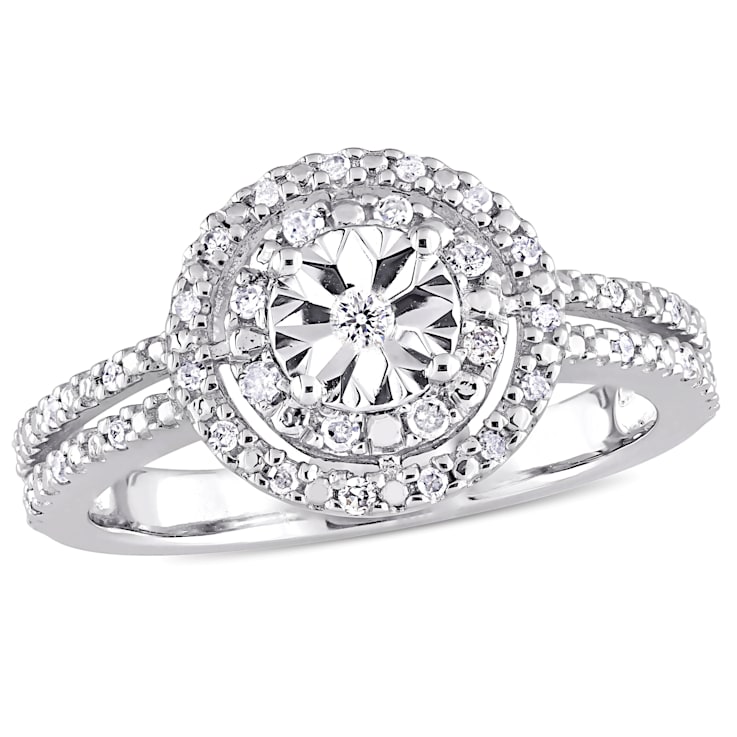1/5 CT TW Diamond Halo Split Shank Engagement Ring in Sterling Silver