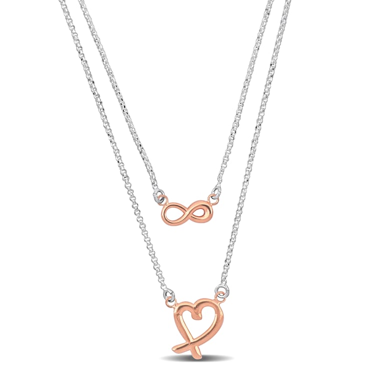 Pink Infinity and Heart Double Strand Necklace in 2-Tone Sterling Silver