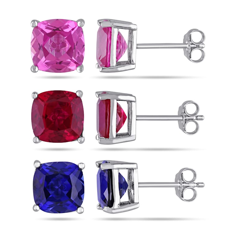 18  CT TGW Created Ruby, Created Blue and Pink Sapphire 3-Piece Set Stud
Earrings in Sterling Silver