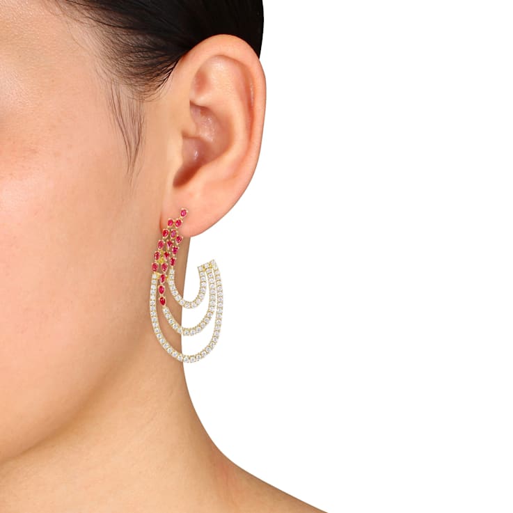 6 4/5 CT TGW Ruby and 3 1/4 Diamond Triple Row Earrings in 14K Yellow Gold