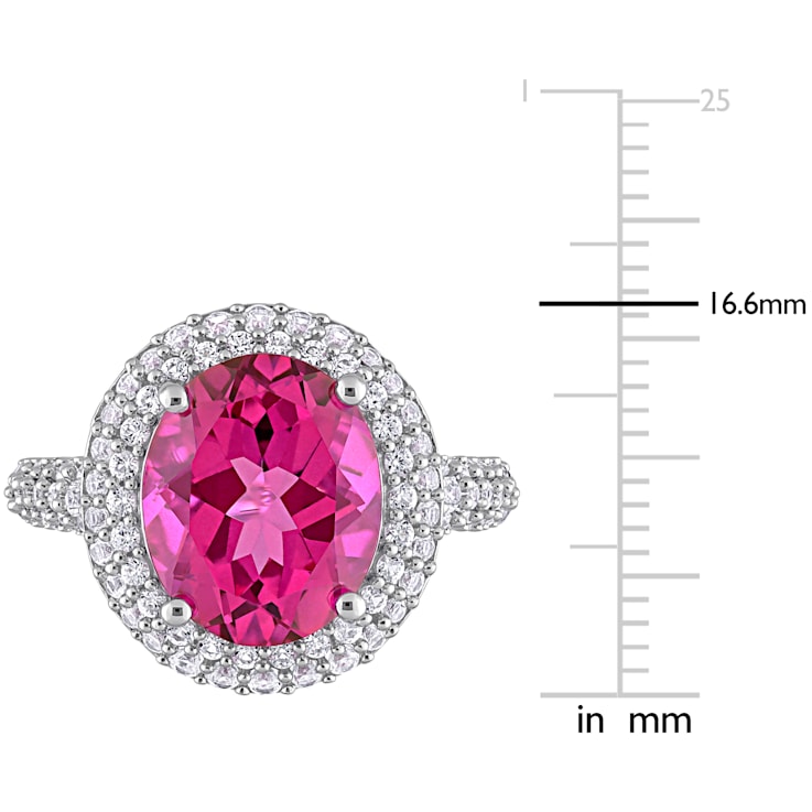 7 1/7 CT TGW Pink Topaz and Created White Sapphire Double Halo Cocktail
Ring in Sterling Silver