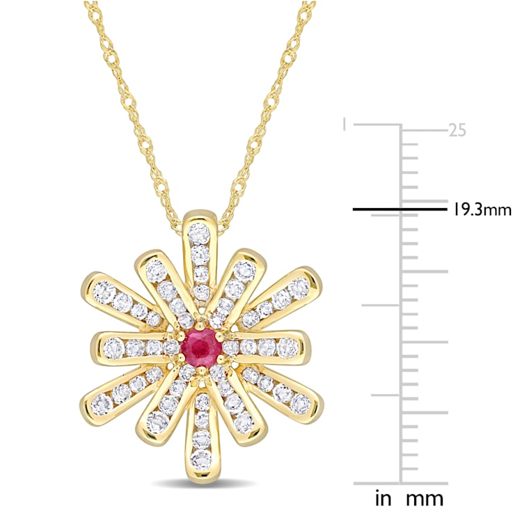 1 1/4 CT TGW Ruby and White Topaz Floral Pendant with Chain in 10K
Yellow Gold