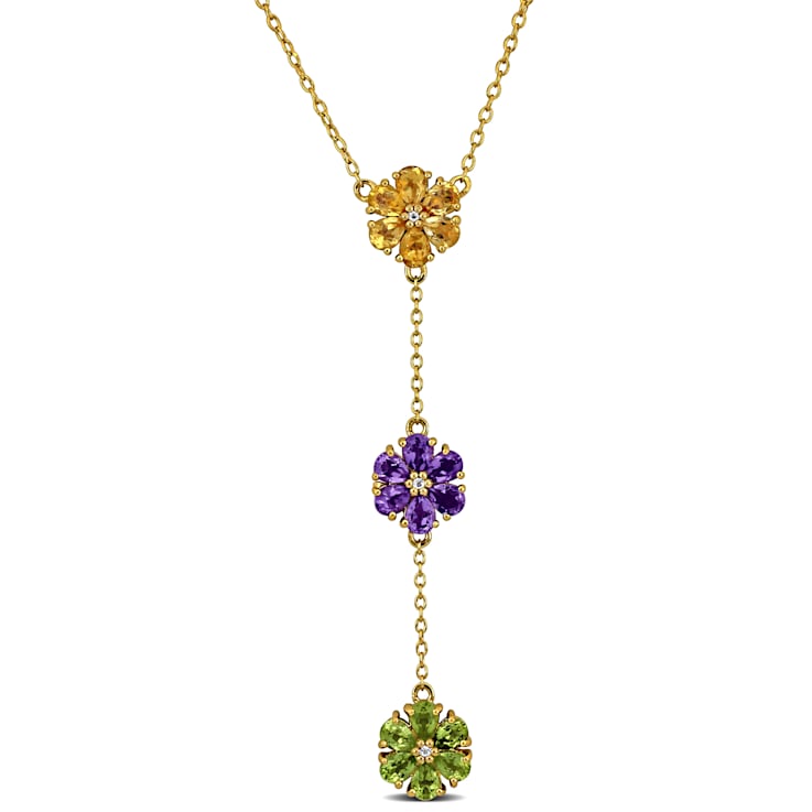 2 5/8 CT TGW Multi-Gemstone Flower Necklace in Yellow Plated Sterling Silver