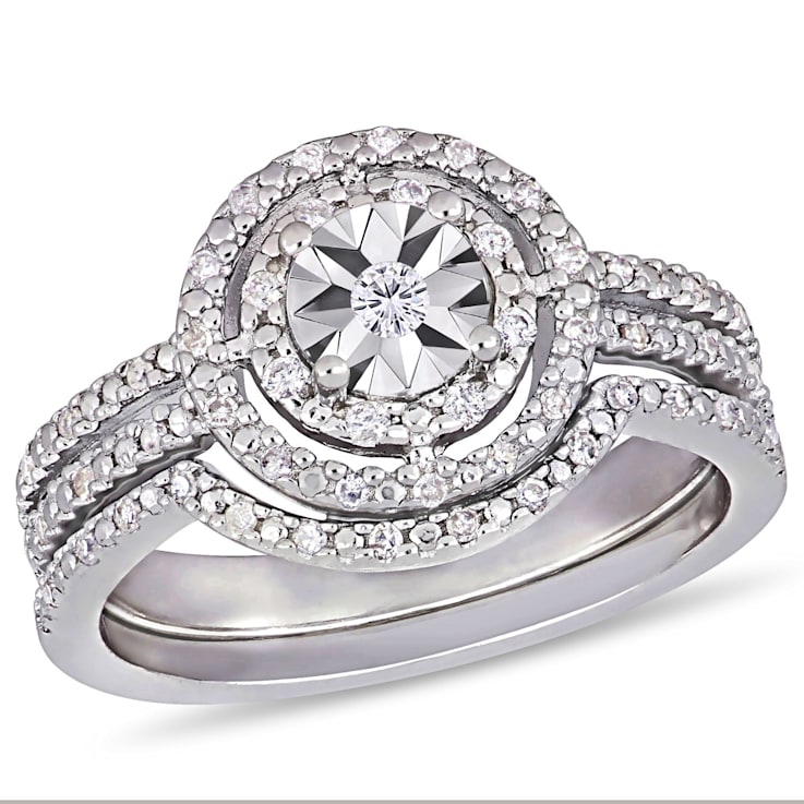 1/4 CT TW Diamond Halo Split Shank Bridal Set in Sterling Silver