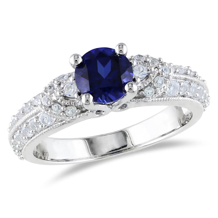 1 3 4 CT TGW Created Blue White Sapphire Engagement Ring in Sterling Silver 15QH2A