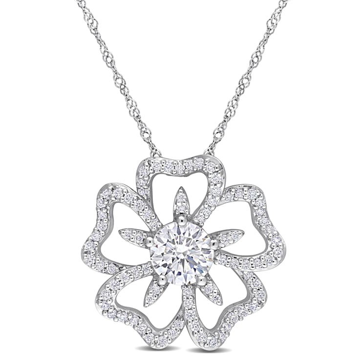 1 1/10 CT DEW Created Moissanite Flower Pendant with Chain in Sterling Silver