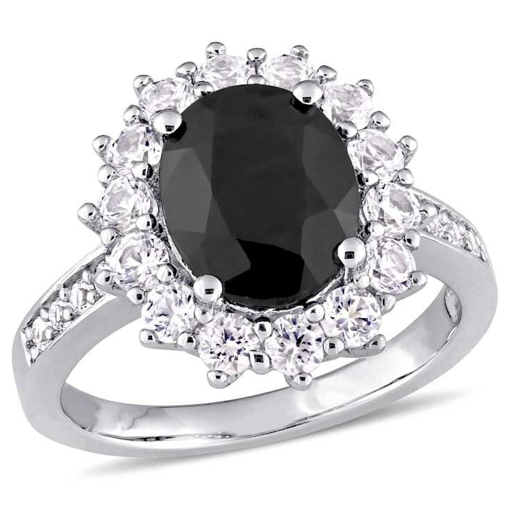 4 3/4 CT TGW Black Sapphire and Created White Sapphire Halo Ring in
Sterling Silver