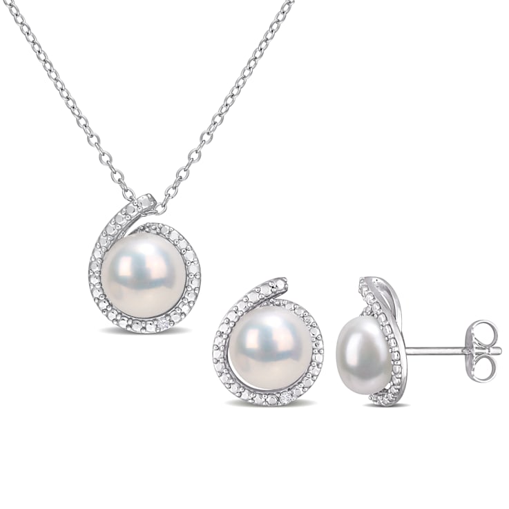 8-8.5MM Freshwater Cultured Pearl and Diamond Accent Earrings and
Pendant Set in Sterling Silver