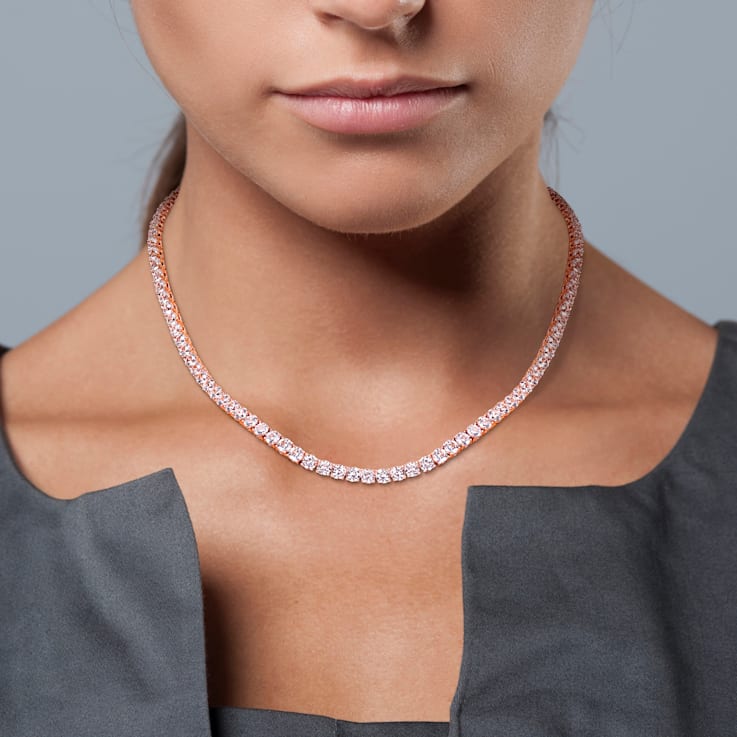 33 CT TGW Created White Sapphire Tennis Necklace in Rose Plated Sterling Silver