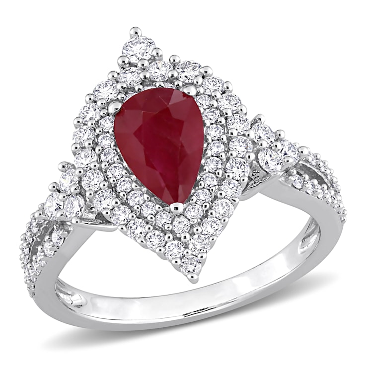 1 1/3 CT TGW Ruby and 3/4 CT TW Diamond Double Halo Ring in 14K White Gold