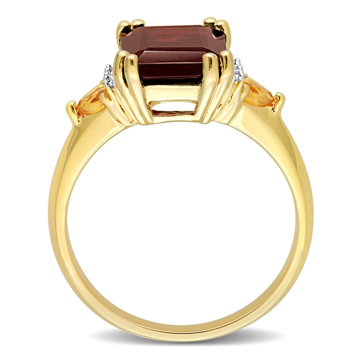 3 7/8 CTW Garnet, Citrine and  Diamond Ring in Yellow Plated Sterling Sillver