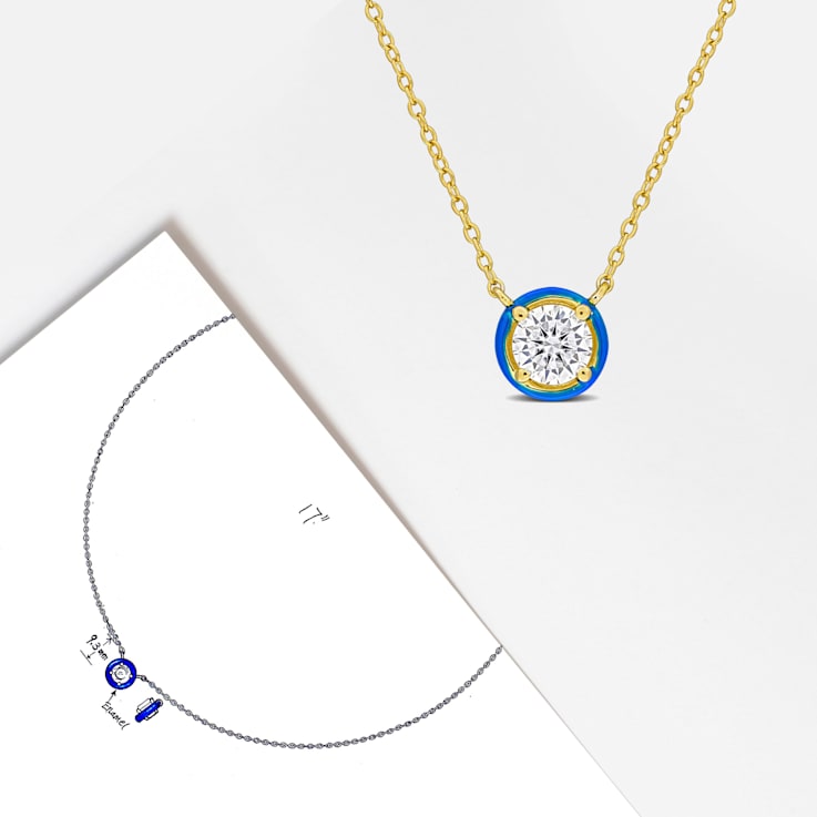3/4 CT TGW Moissanite with Blue Enamel Halo Solitaire Necklace in Yellow
Plated Sterling Silver
