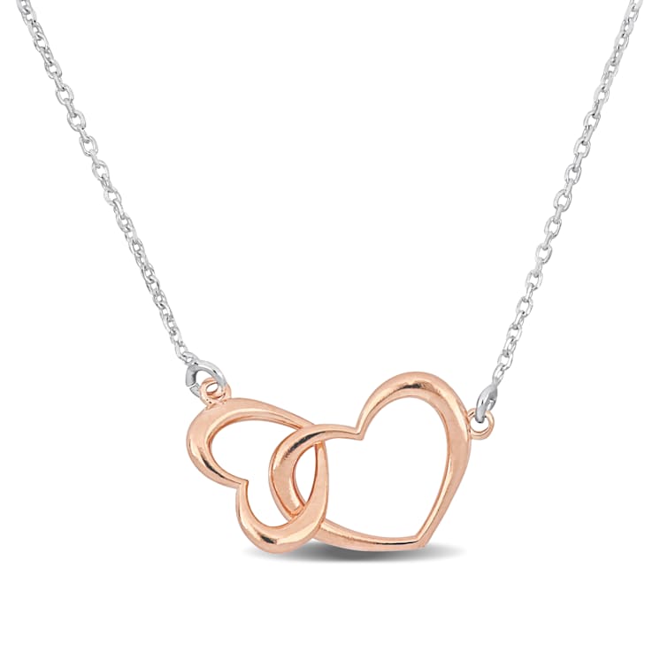 Pink Double Heart Necklace in 2-Tone Sterling Silver