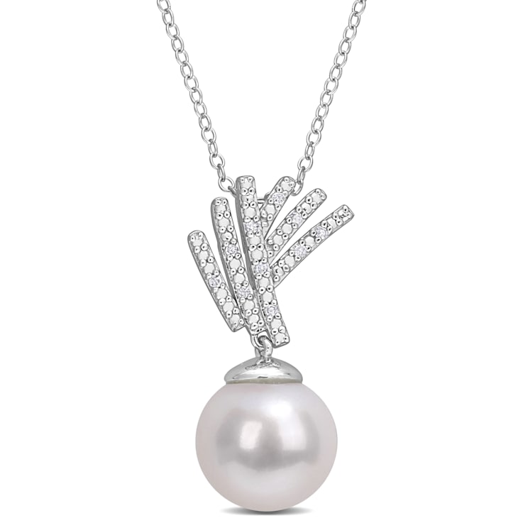 11-12mm Freshwater Cultured Pearl and Diamond Accent Drop Pendant with
Chain in Sterling Silver